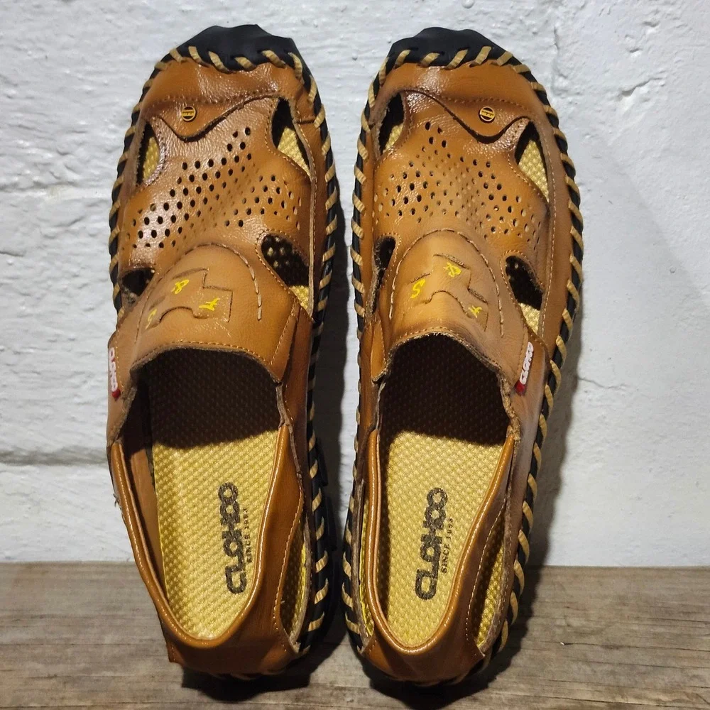 CLOHCO Mens Leather Fisherman Sandals 9917 280 Tan Brown Slip On Loafers Size 10